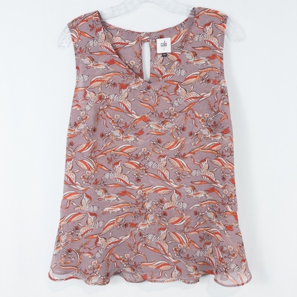 Cabi Crane Bird Print Sleeveless Chiffon Blouse Womens S Bows Peplum Whimsical